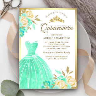 Convites Vestido Brilhante Verde-Menta Floral Dourado Quinc