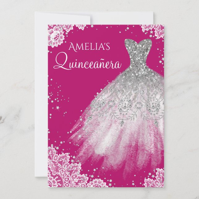 Convites Vestido Brilho Branco Renda Rosa Quinceanera (Frente)