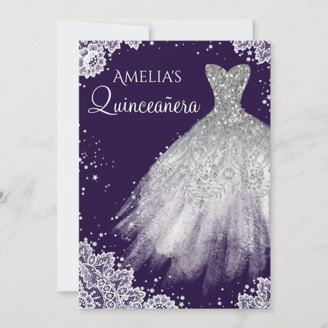Convites Vestido Brilho Branco Renda Roxo Quinceanera (Frente)