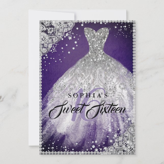 Convites Vestido Brilho de Renda Diamante Roxo Prata Sweet  (Frente)