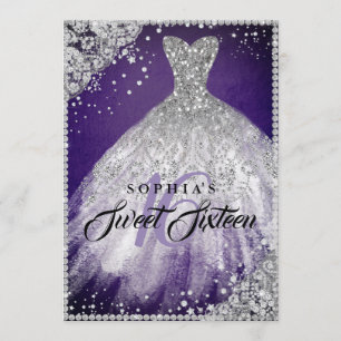 Convites Vestido Brilho de Renda Diamante Roxo Prata Sweet