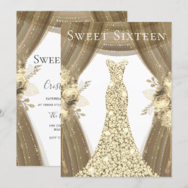 Convites Vestido Brilho Dourado & Flores Doce Festa de 16 A