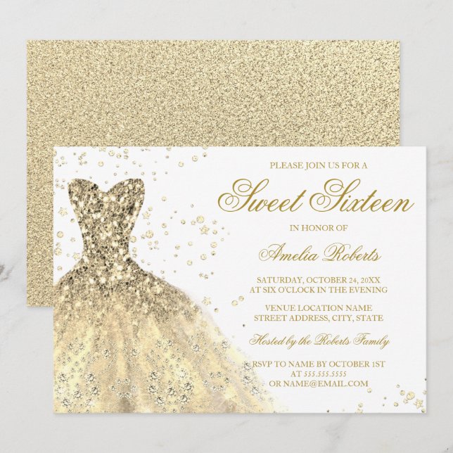 Convites Vestido Brilho Dourado Lantejoulas Doce 16 Anivers (Frente/Verso)