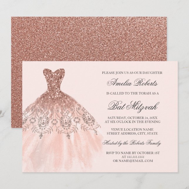 Convites Vestido Brilho Dourado Rosa Bat Mitzvah (Frente/Verso)
