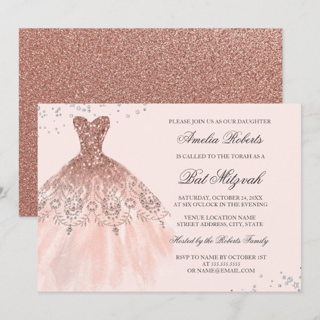Convites Vestido Brilho Dourado Rosa Bat Mitzvah Diamante (Frente/Verso)