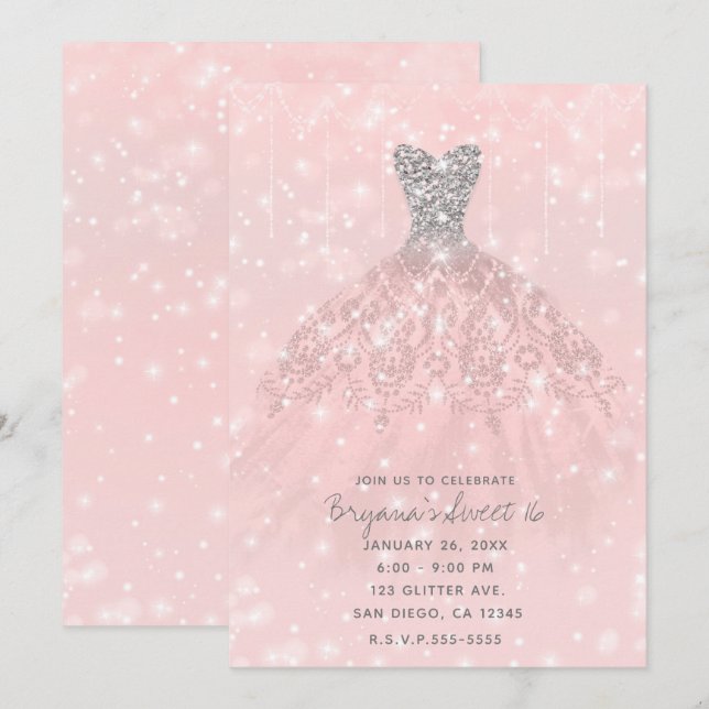 Convites Vestido Brilho Prata Pêssego Rosa Brilho Doce 16 (Frente/Verso)