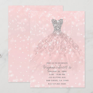 Convites Vestido Brilho Prata Pêssego Rosa Brilho Doce 16