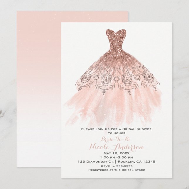 Convites Vestido Brilho Rosa Bege Luxuoso Chuveiro de Noiva (Frente/Verso)