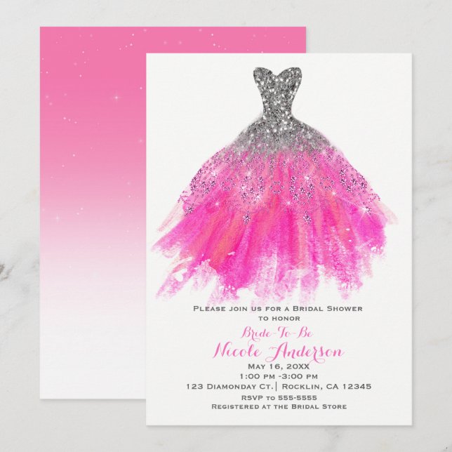 Convites Vestido Brilho Rosa e Prata Glamour Chá de Noiva (Frente/Verso)
