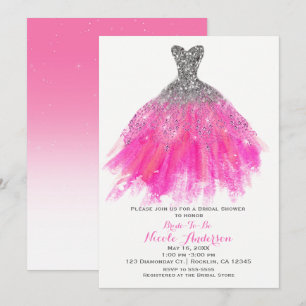 Convites Vestido Brilho Rosa e Prata Glamour Chá de Noiva
