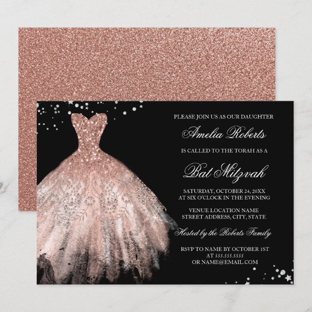 Convites Vestido Brilho Rosa Ouro Diamante Bat Mitzvah (Frente/Verso)
