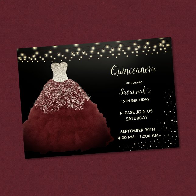 Convites Vestido Burgundy com Luzes de Corda Quinceanera (Criador carregado)