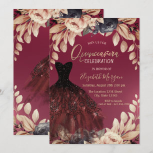 Convites Vestido Burgundy Elegante Floral Quinceañera