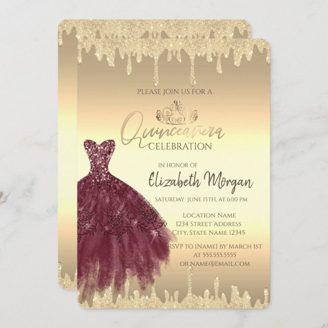 Convites Vestido Burgundy,Glitter Gota Dourada Quinceañera (Frente/Verso)