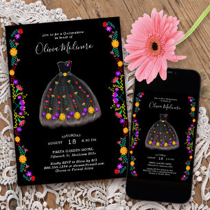 Convites Vestido Charro Preto de Festa Mexicana Quinceanera