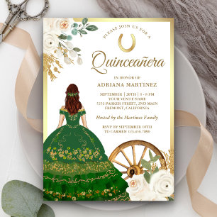 Convites Vestido Charro Verde Floral de Marfim Quinceanera 