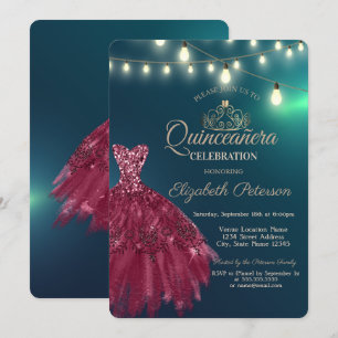 Convites Vestido Chic Burgundy, Tiara Green Quinceañera 