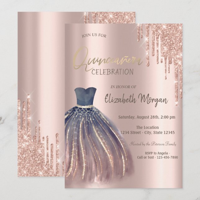 Convites Vestido Chic de Quinceañera com Gotas de Brilho em (Frente/Verso)