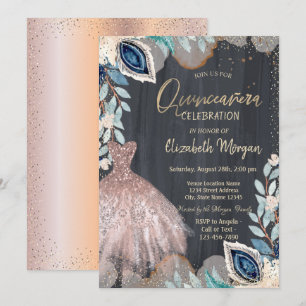 Convites Vestido Chic,Flores, Quinceanera Dourado Rosa