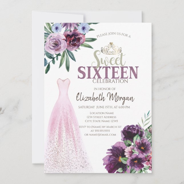 Convites Vestido Chic, Flores Roxas Sweet 16 (Frente)