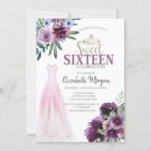 Convites Vestido Chic, Flores Roxas Sweet 16