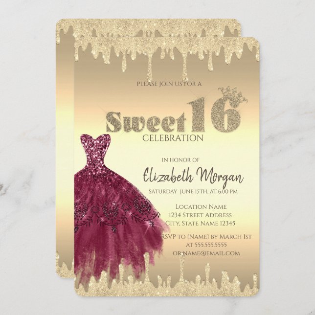 Convites Vestido Chic,Glitter Drips Dourados Sweet 16 (Frente/Verso)