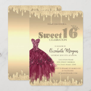 Convites Vestido Chique, Brilho Gotejante Dourado Sweet 16