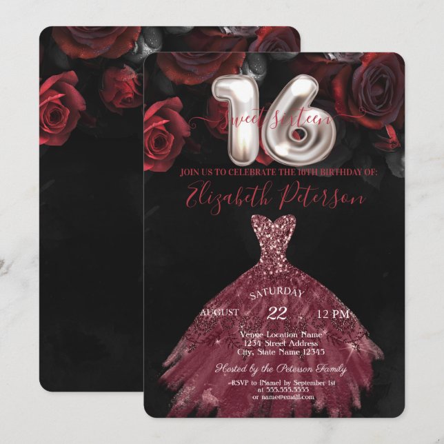 Convites Vestido Chique Elegante Rosas Vermelhas Festa Swee (Frente/Verso)