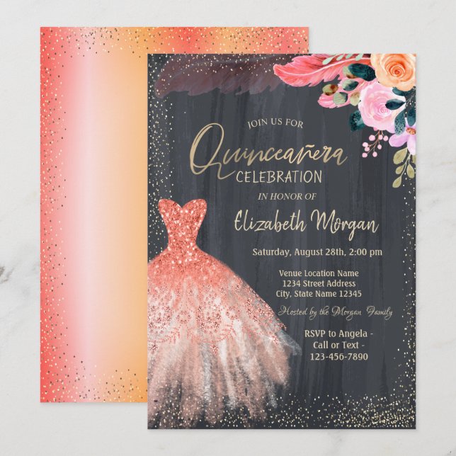 Convites Vestido Chique, Flores Pena Quinceanera (Frente/Verso)