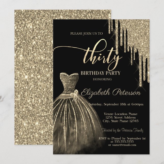 Convites Vestido Chique, Pingos de Brilho Dourado Aniversár (Frente/Verso)