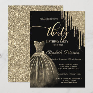 Convites Vestido Chique, Pingos de Brilho Dourado Aniversár
