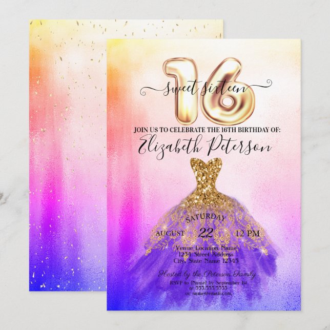 Convites Vestido Colorido Confetti Ombre Sweet 16 (Frente/Verso)