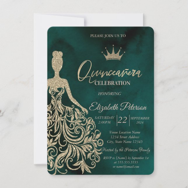 Convites Vestido com Brilho Dourado Chic, Diamantes Verde D (Frente)