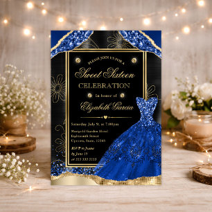 Convites Vestido com Brilho Dourado e Azul Real Sweet Sixte