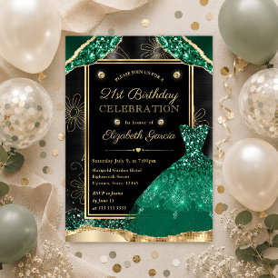 Convites Vestido com Brilho Dourado e Verde para Aniversári
