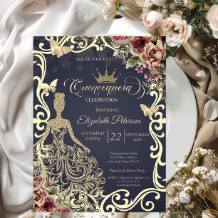 Convites Vestido com Brilho Dourado, Moldura Floral de Borb
