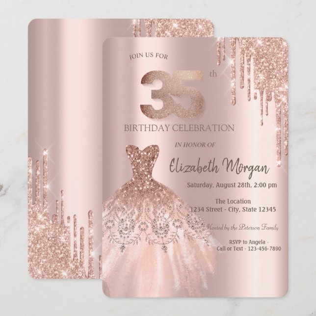 Convites Vestido com Brilho Dourado Rosa e Gotas de Purpuri (Frente/Verso)
