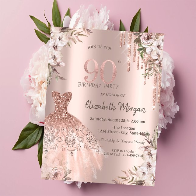 Convites Vestido com Brilho Dourado Rosa e Gotas Florais pa (Criador carregado)