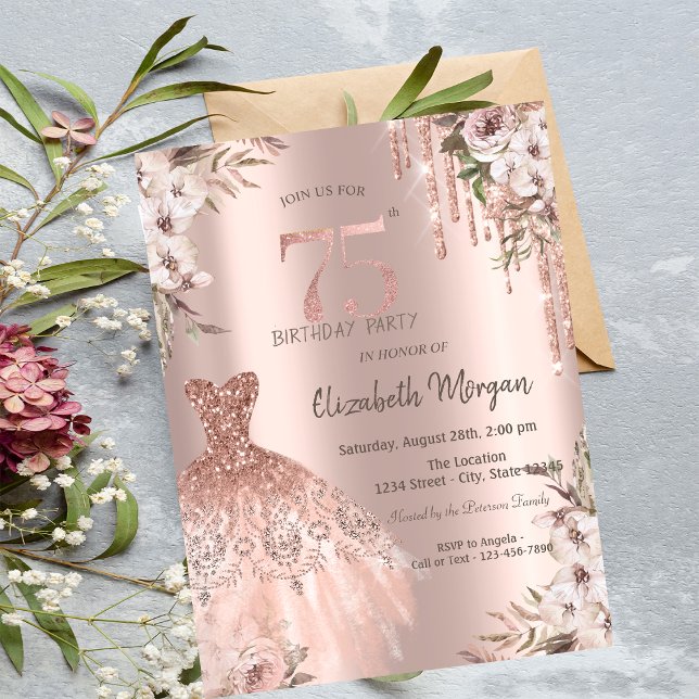 Convites Vestido com Brilho Dourado Rosa e Gotas Florais pa (Criador carregado)