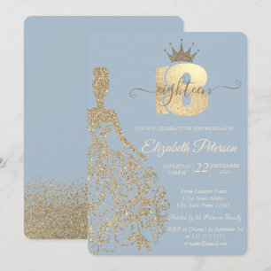 Convites Vestido com Brilho Dourado, Tiara, Azul Empoeirado