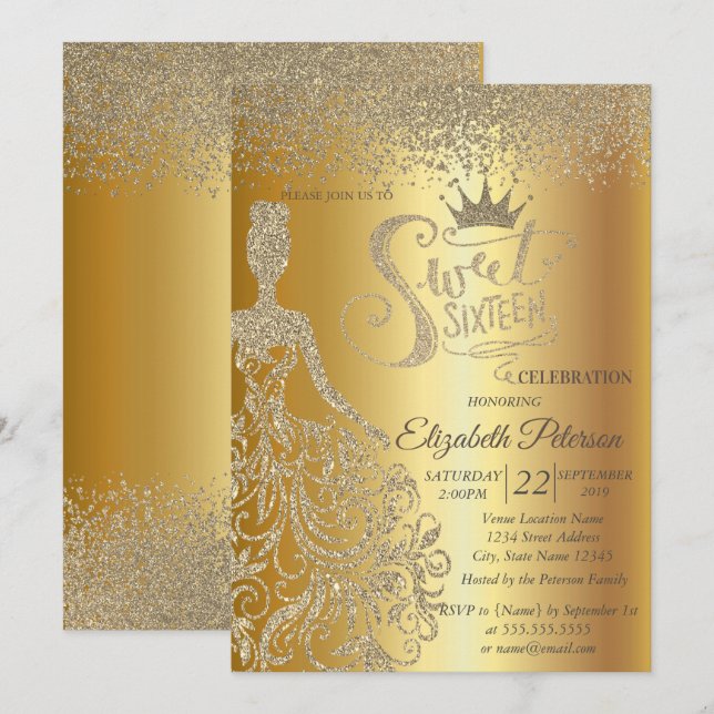 Convites Vestido com Brilho Dourado, Tiara, Diamantes Sweet (Frente/Verso)
