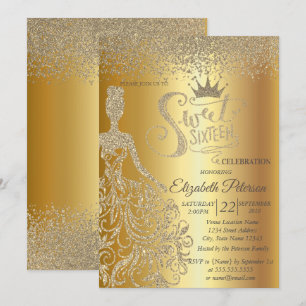 Convites Vestido com Brilho Dourado, Tiara, Diamantes Sweet