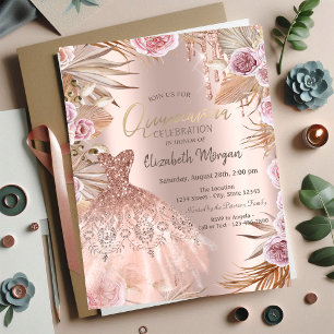 Convites Vestido com Brilho Pampas Flores Quinceañera