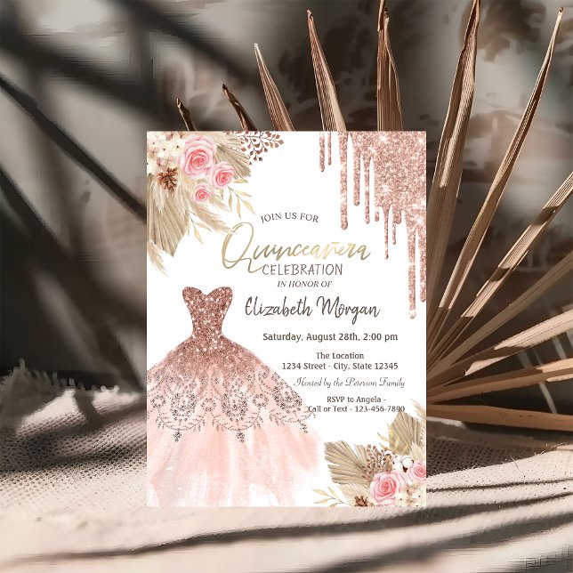 Convites Vestido com Flores Boho Brilho Quinceañera (Criador carregado)
