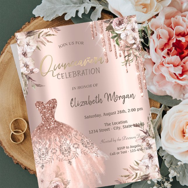 Convites Vestido com Flores e Brilho Dourado Rosa para Quin (Criador carregado)