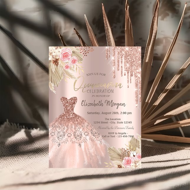 Convites Vestido com Flores e Brilho Dourado Rosa para Quin (Criador carregado)