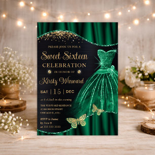 Convites Vestido com Glitter Verde Aquarela para Sweet Sixt