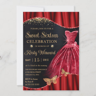 Convites Vestido com Glitter Vermelho e Dourado Aquarela Sw