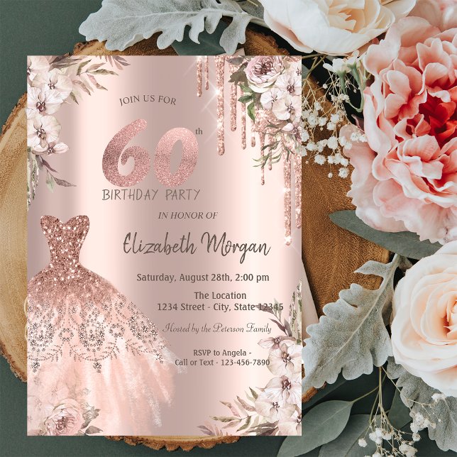 Convites Vestido com Gotas de Brilho em Dourado Rosa Floral (Criador carregado)