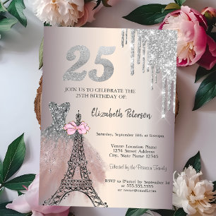 Convites Vestido com Gotas de Brilho Torre Eiffel Laço 25º 